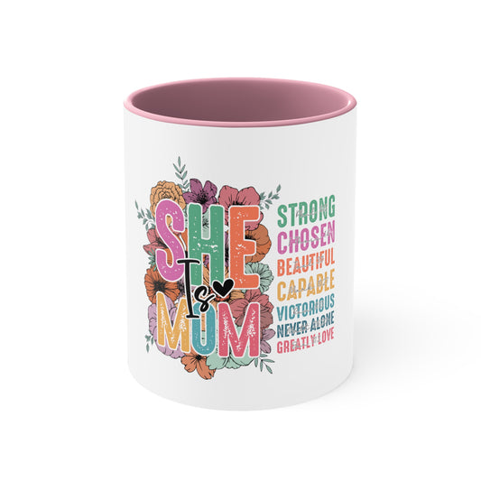 Retro She is Mom , Blessed Mom , Mom Life , Mother's Day , Mom , Gift for Mom, Retro Motivational Quotes ,Accent Coffee Mug, 11oz Pink 11oz