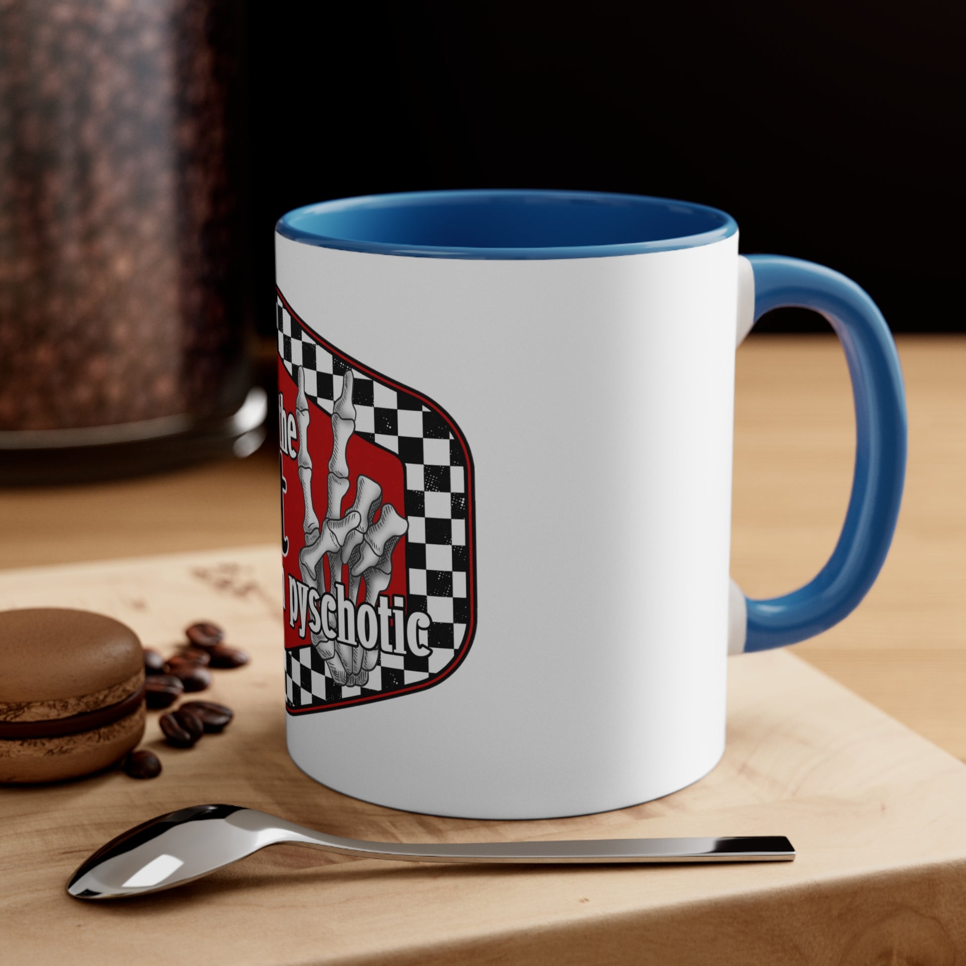 I put the hot in psychotic,Quirky mug, Trendy coffee mug,Racing Check ,Accent Coffee Mug, 11oz